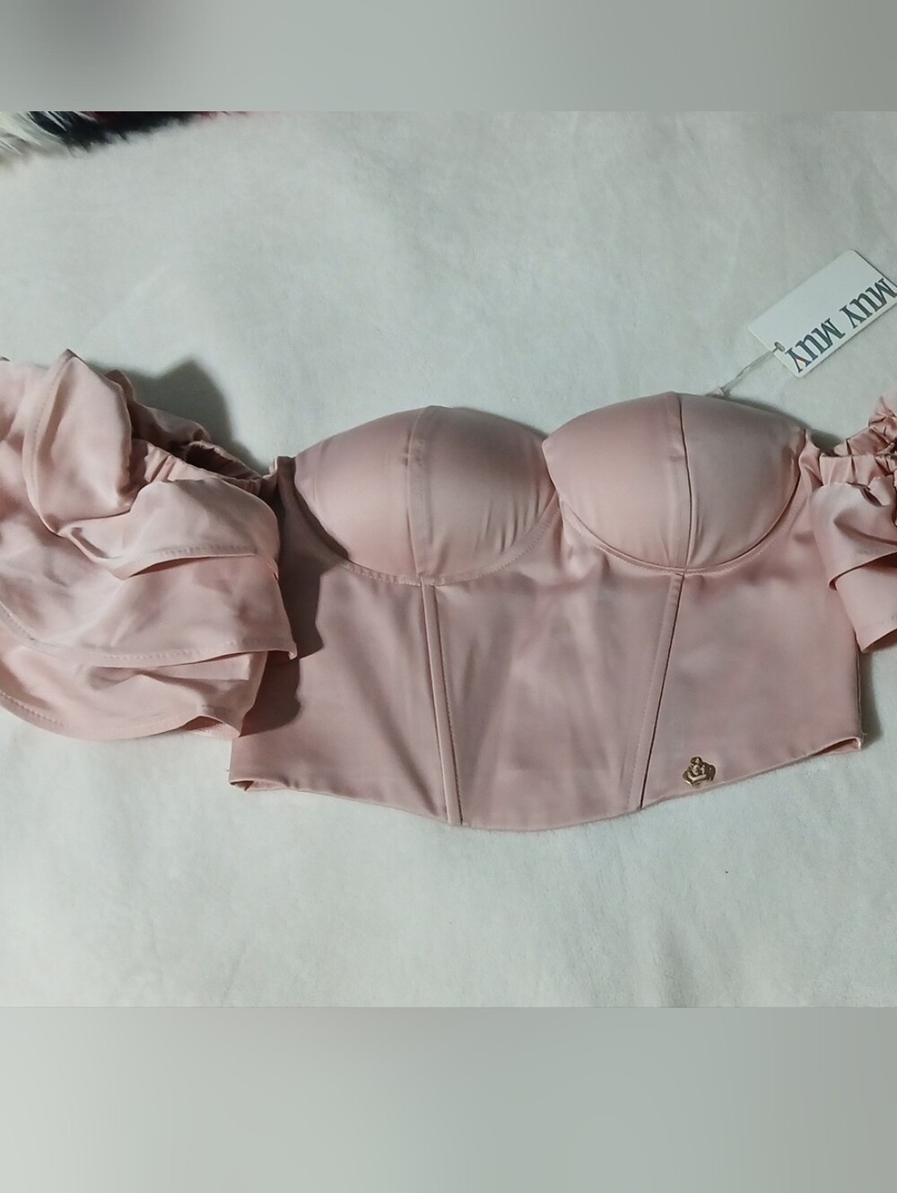 MuyMuy Blush Pink Satin Off-Shoulder Bustier Top
